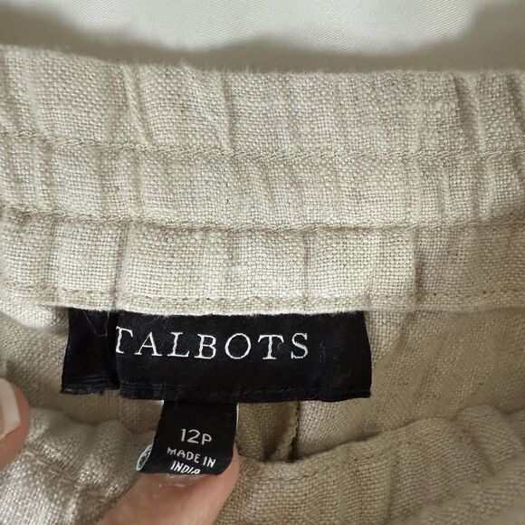 Talbots 100% Linen Pants Women's 12P Petite Beige Pull On Drawstring Wide Leg - Picture 5 of 9